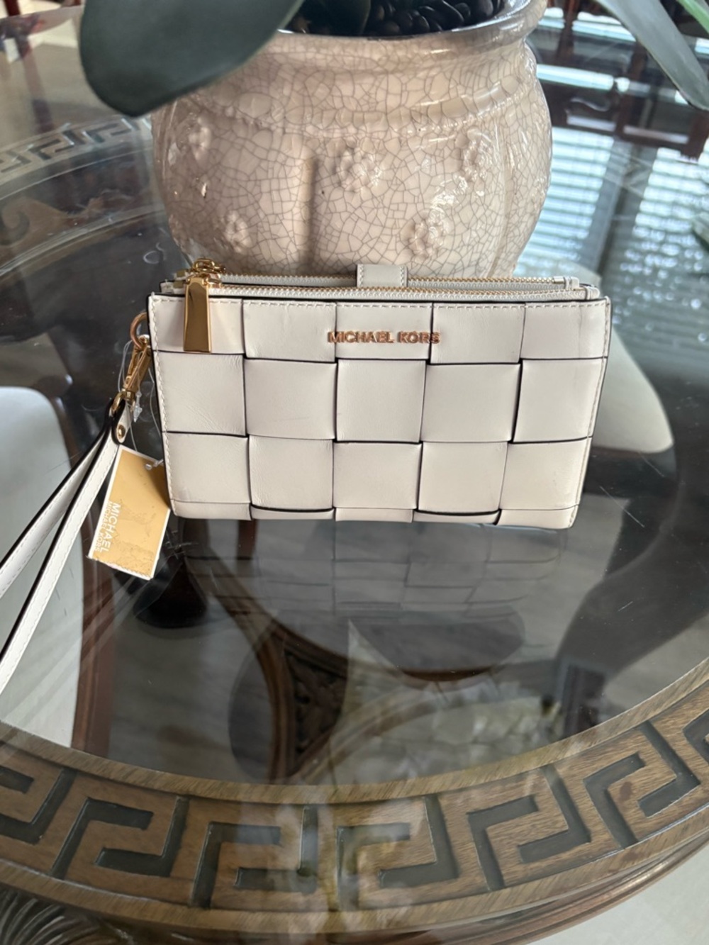 🤍🤍MICHAEL KORS WOVEN JET SET WHITE LEATHER DOUBLE ZIP WALLET/WRISTLET!🤍🤍